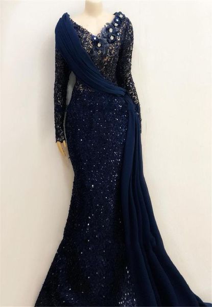 

african long sleeves lace mermaid evening dresses 2022 aso ebi long sleeves pleats navy blue prom gowns robe de soiree4311365, Black;red