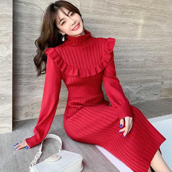 

Casual Dresses Woman Knitted Dress Autumn Turtleneck Long Sleeve Solid Bodycon Party Ladies High-quality Knitting Pullover G448, Red