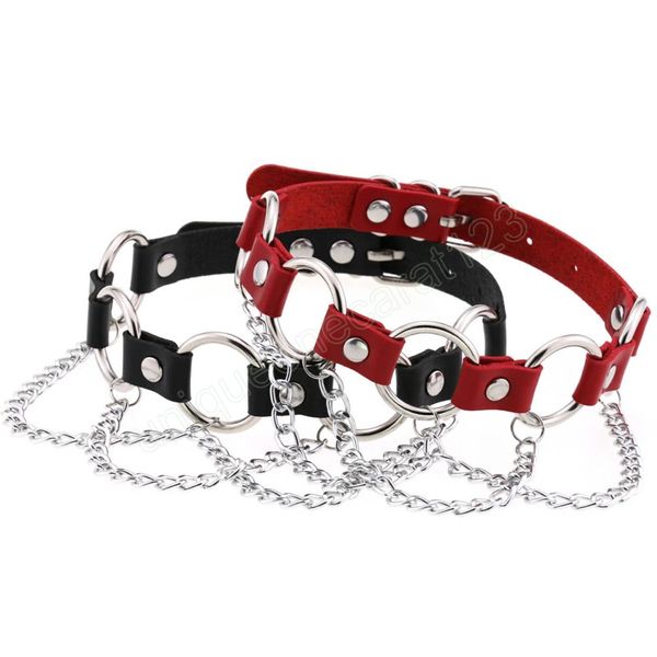 

16 colors harajuku gothic circle necklaces pu leather necklaces tassel chain choker necklaces women men jewelry, Golden;silver