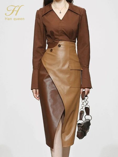 

two piece dress h han queen autumn 2 pieces set women long sleeve high waist contrast color pencil skirts casual simple office lady skirt su, White