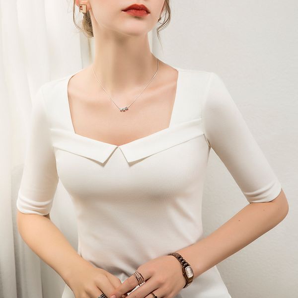 

women's t-shirt french square neck t-shirt five-point sleeve summer women's slim cotton stretch large white y2k harajuku 230317