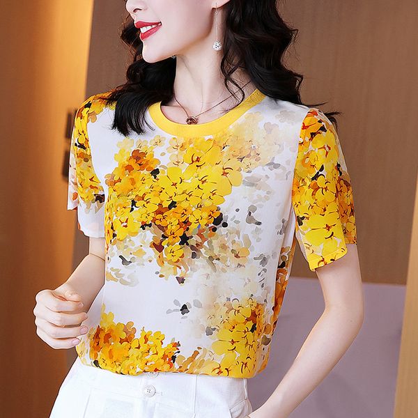 

women's t-shirt summer casual women's t-shirts 100% real silk o-neck short sleeve loose woman t shirt female floral printed t-shi, White