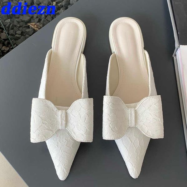 

fashion pointed toe mules women slippers summer butterfly knot shallow luxury female slippers slides flats shoes for ladies 2023 0316, Black