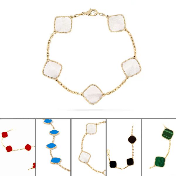 

five white flowers four-leaf clover bracelet bangle chain 18k gold red agate shell mother of pearl for wedding mother jewelry women gifts br, Golden;silver