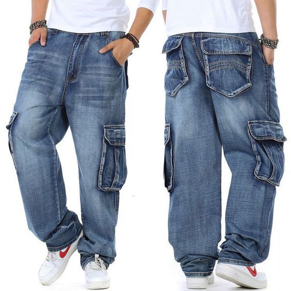 

men's jeans large size loose jeans men denim pants straight pocket baggy casual streetwear hip hop brand blue wide leg cargo trousers 2