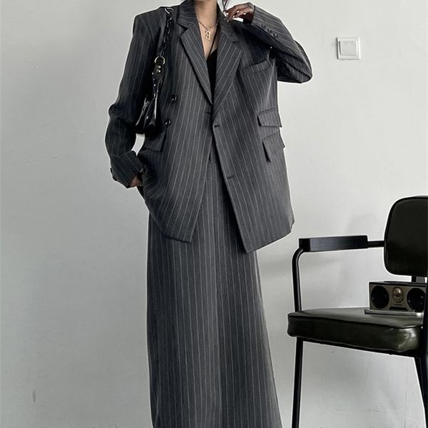 

two piece dress eam halfbody skirt gray striped big size two pieces suit lapel long sleeve women fashion spring autumn 1df1802 230316, White
