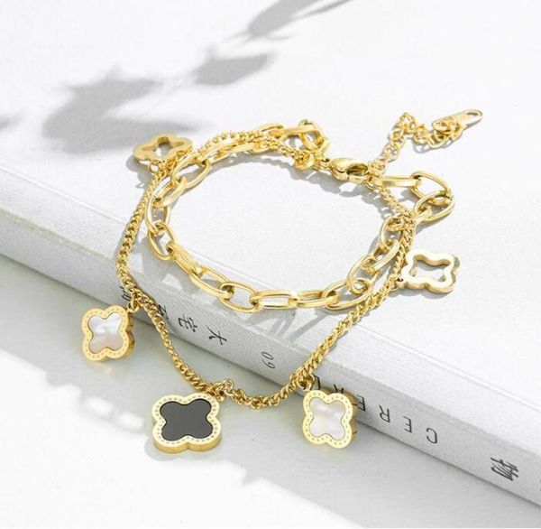 

classic design multilayered clover charm bracelet lucky stainless steel four leaf jewelry5025099, Golden;silver