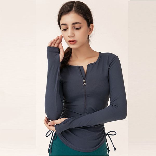 

ll zipper long sleeve yoga shirts sports quick dry fit running thumb holes elastic women workout gym clothes, Gray