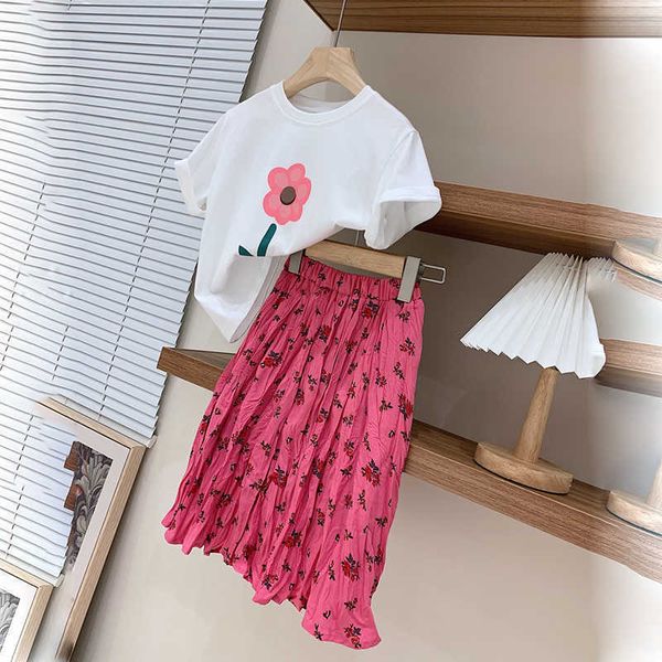 

clothing sets summer new girls clothing 2022 cute little flower pleated floral skirt children's clothes suit casual fashion kids outfit, White