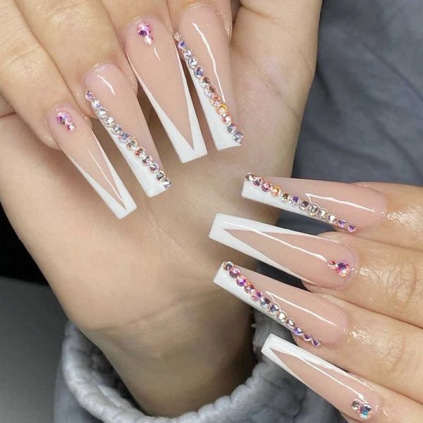 

false nails wearing long white french panel diamond bevelled edge 230317, Red;gold