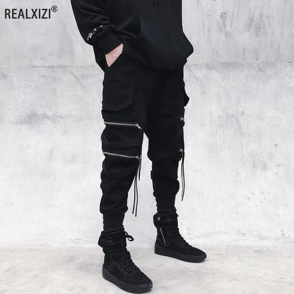 

men s pants hip hop cargo harem joggers trousers men women ribbons pockets streetwear summer casual loose sweatpant clothing 230317, Black