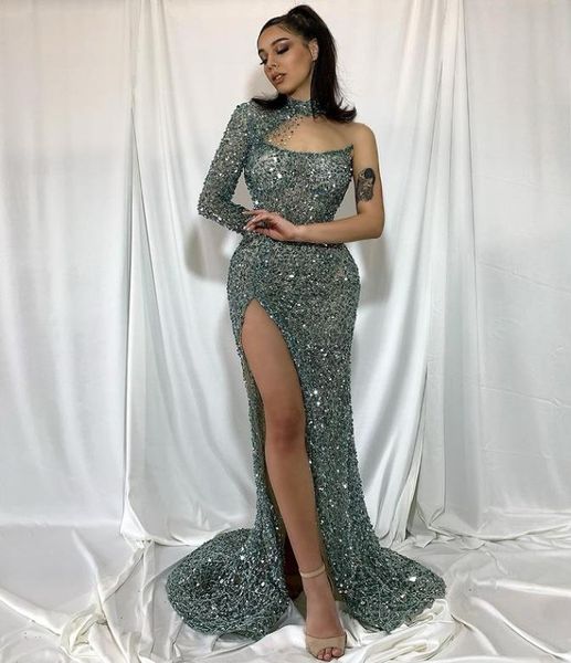

2021 plus size arabic aso ebi luxurious sparkly mermaid prom dresses sequined high split evening formal party second reception gow5235477, Black