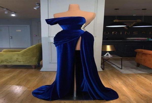 

royal blue one shoulder velvet long evening dresses beaded cutout ruched backless floor length prom gowns with high split bc114362117817, Black;red
