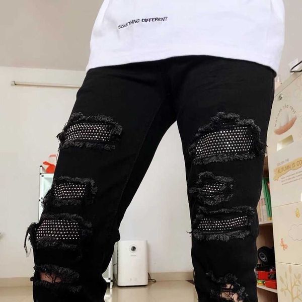 

jeans mens am1r1 trousers pants mirri ripped fashion designer brand new men's white embroidery patch elastic slim denim hip hop high uv, Blue