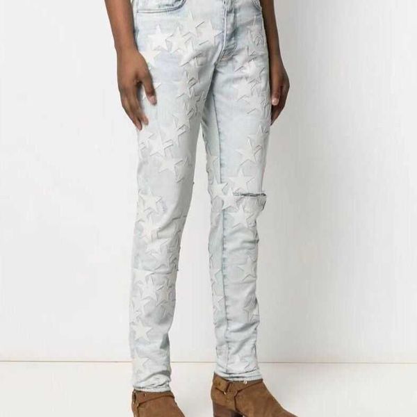 

jeans mens am1r1 trousers pants mirri ripped fashion designer brand new men's white embroidery patch elastic slim denim hip hop high v0, Blue