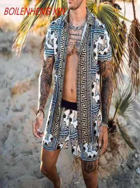 

new men hawaiian sets printing 2021 summer short sleeve button shirt beach shorts streetwear casual mens suit 2 pieces incerun1208931, Gray
