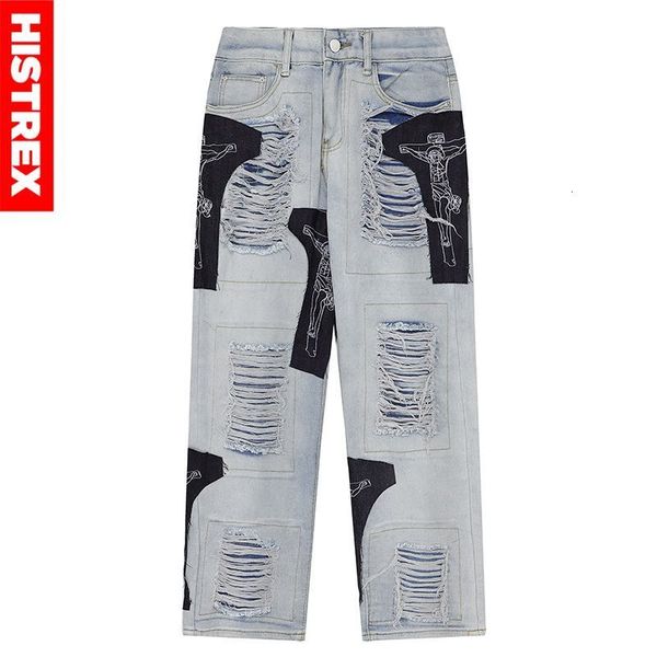 

men's pants histrex ripped jeans men 100% cotton straight trousers jesus patch denim trashy y2k fashion hip hop streetwear 230317, Black