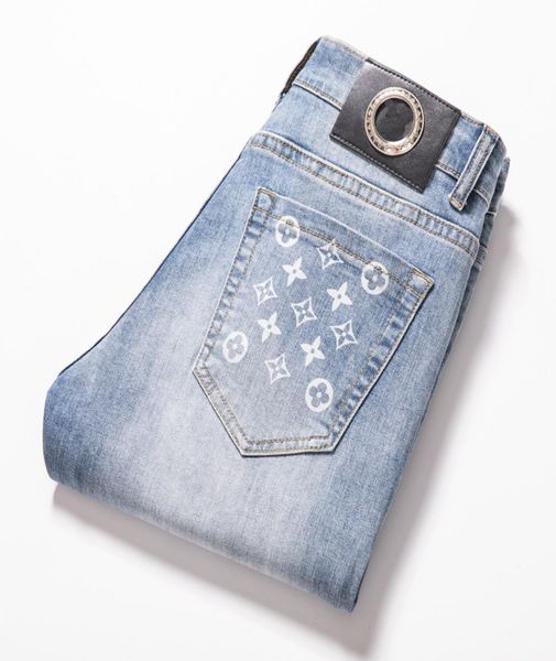 

printed small feet elastic ripped jean casual pants european station tide brand1027938, Blue