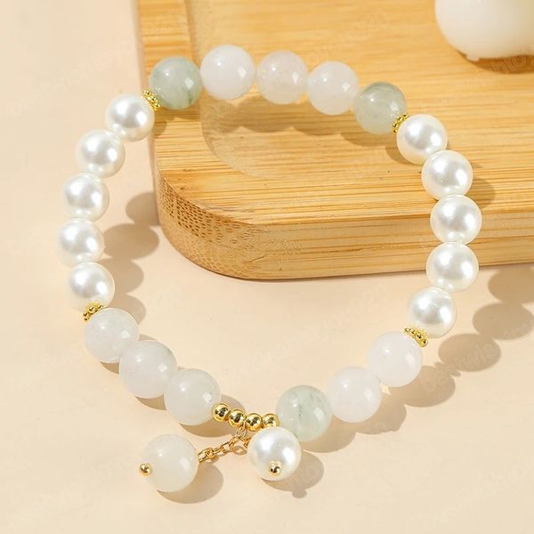 

natural stone ice green jade and shell beads design bracelets women korean lovely round stone elasitc bangles feamle jewelry, Golden;silver