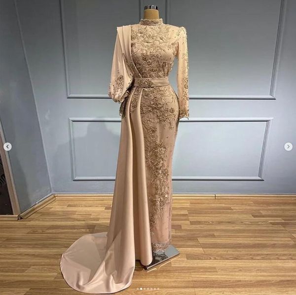 

grey champagne mermaid muslim prom occasion dresses with long sleeve lace beaded arabic evening gown robe arabe pour mariage, Black