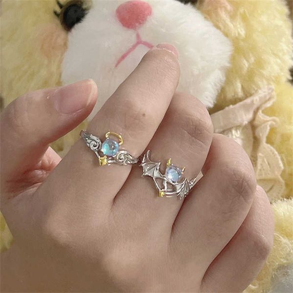 

band rings fashion angel devil moonstone couple rings for women man engagement matching ring silver color moonstone lover jewelry ring gift