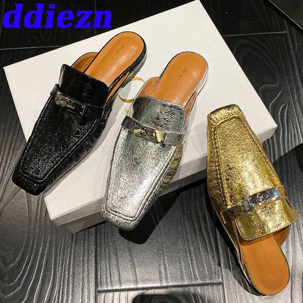 

female slippers slides ladies flats shoes summer 2023 designer fashion metal square toe women mules slippers shoes sandals 0316, Black