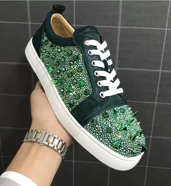 

with box famous brands green rhinestone sandals spikes shoes low sneakers laboutin genuine leather rivet crystal casual men women red bottom, Black