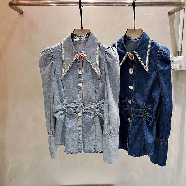 

womens tshirt small sense of design heavy industry diamond inlaid denim shirt for women in autumn loose and versatile shirt single 230317, White