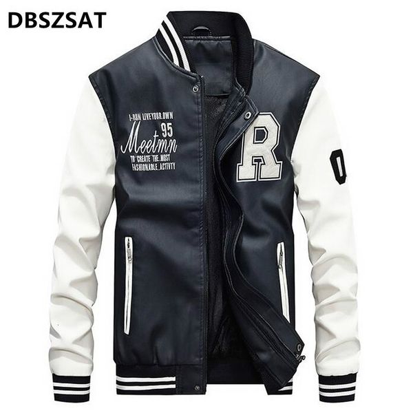 

men's jackets brand embroidery baseball stand moto biker leather jacket casual fleece thicken faux coat m-4xl 230317, Black;brown