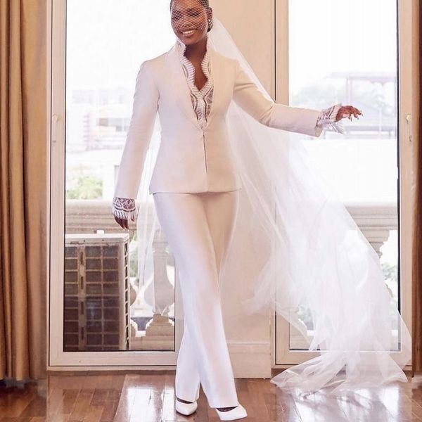 

bohemian wedding dresses bridal gowns jumpsuit v neck long sleeve lace beach boho garden country plus size jacket and pants, White