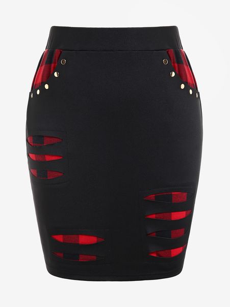 

skirts rol plus size ripped checked panel rivets decor skirt girls streetwear elegant high waist sheath 5xl 230317, Black