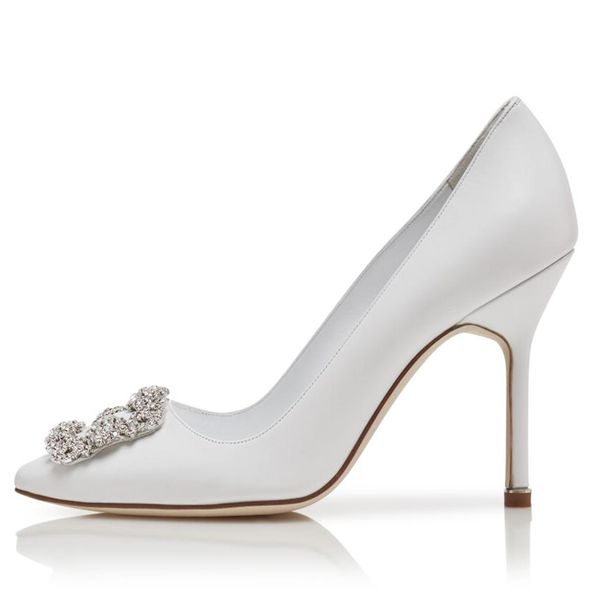 

fashion women sandals pumps hangisi 105 mm light beige white calf leather jewel buckle pump italy pointed toe designer evening dress sandal, Black