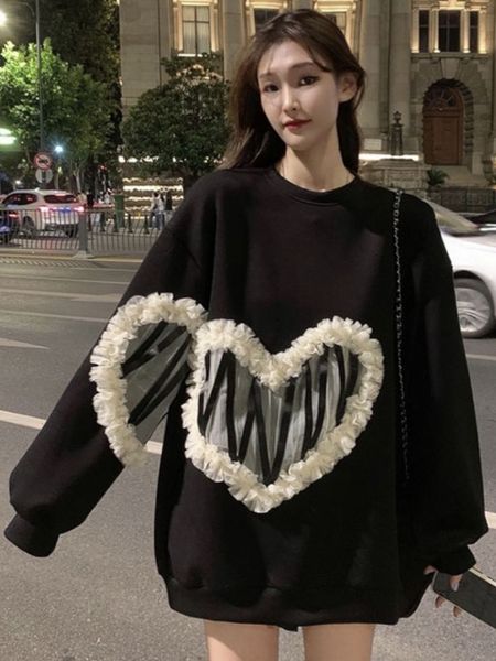 

women's hoodies sweatshirts deeptown korean fashion heart mesh lace patchwork sweatshirt women harajuku gothic oversized hoodies female, Black