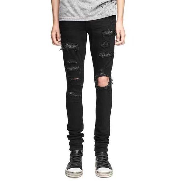 

jeans mens am1r1 trousers pants mirri ripped fashion designer brand new men's white embroidery patch elastic slim denim hip hop high gg, Blue