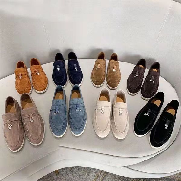 

luxury loro suede shoes summer charms embellished walk suede loafers couple genuine mens womens casual slip on flats for men women flat dres, Black