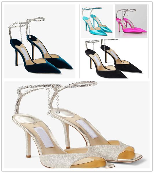

23s italy brand women saeda sandals shoes with crystal chain stiletto heel party wedding lady gladiator sandalias lady wedding party dress p, Black