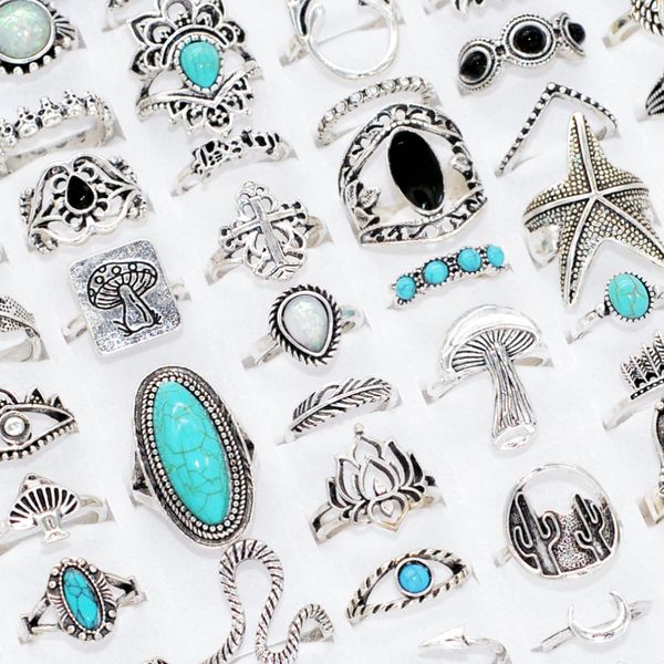

50pcs mixed style natural stone vintage rings for women antique silver bohemia wedding party gift charms finger jewelry bulk wholesale, Slivery;golden