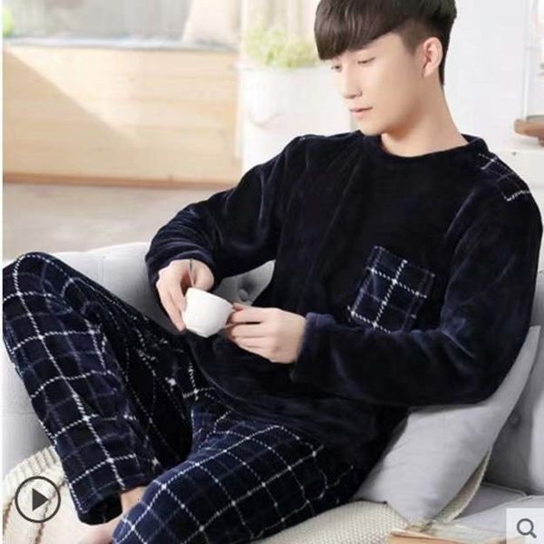 

men's sleepwear coral fleece pajamas sets for men thick warm 2 piece/set lounge sleepwear plus size soft nightwear homewear home clothe, Black;brown