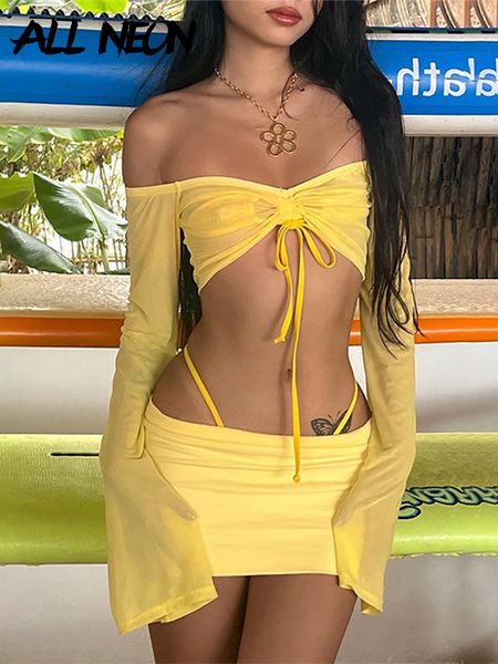 

two piece dress allneon y2k aesthetics co ord sets yellow 2000s clubwear off shoulder flare sleeve crop and micro skirt 2 suits 230317, White