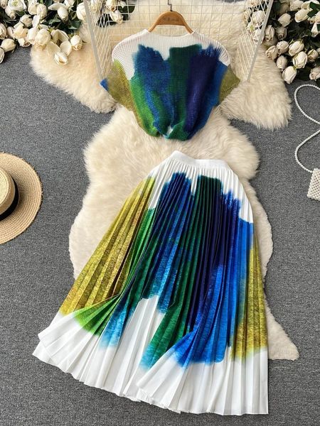 

two piece dress summer runway flower skirt suit women s stretch colorblock knit high waist floral printed holiday set 230317, White
