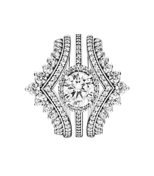 

cz diamond wedding ring set real sterling silver with original box for pandora princess wishbone 3 in 1 rings for women girls enga7362554, Slivery;golden