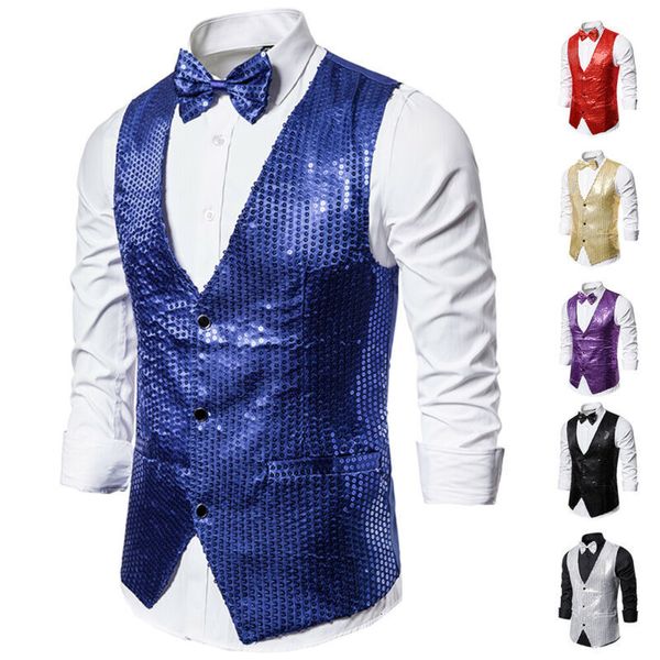 

men's vests stylish blazer vest coat formal slim shiny sequin glitter embellished jacket party stage 230317, Black;white