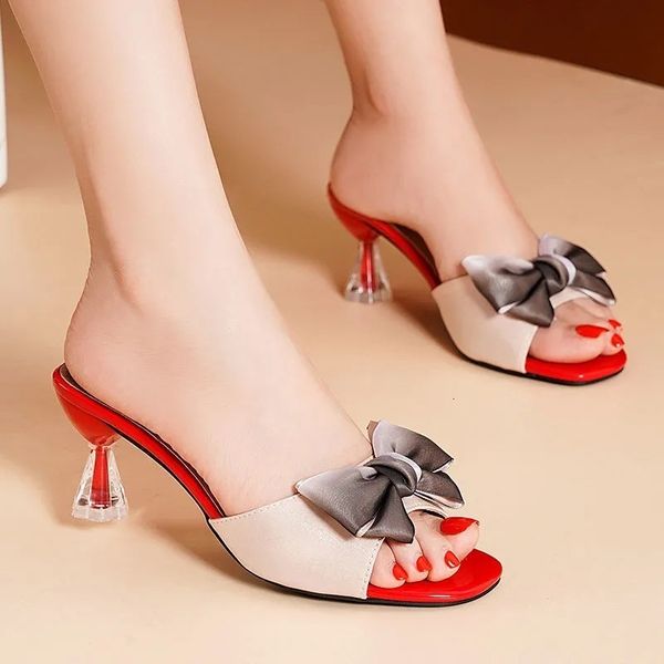 

slippers women fashion summer crystal sandals bow tie heel open toe shoes designer square slippers slip on ladies beach slides 230316, Black
