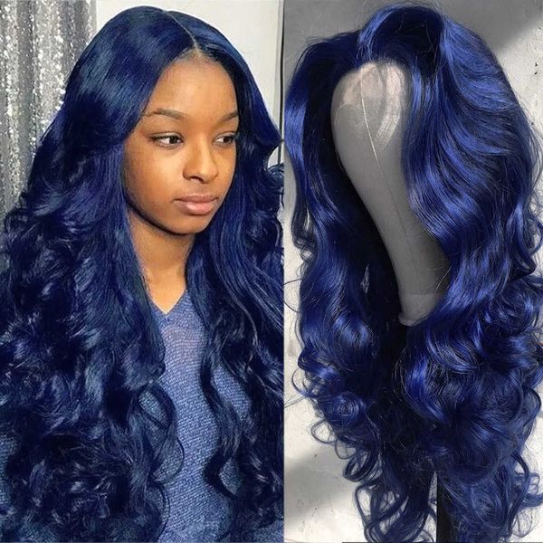 

synthetic wigs dark blue body wave synthetic lace wigs long for black women heat resistant hair natural hairline cosplay wig 230227