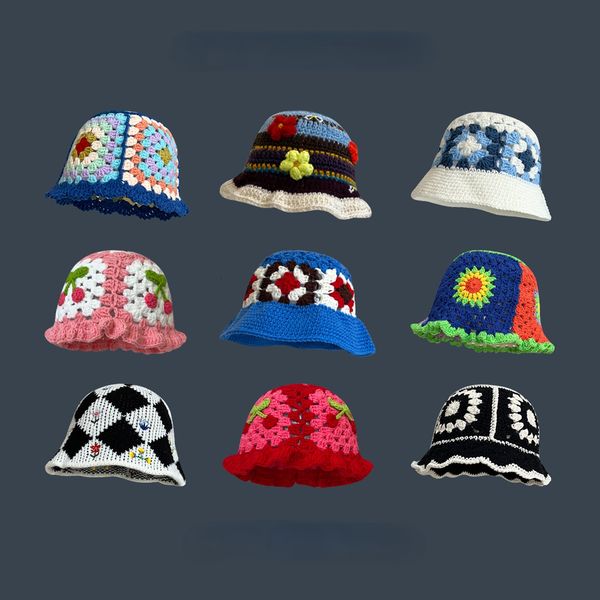 

wide brim hats bucket hats handmade crochet flower bucket hat for girls korean travel beach panama caps design knitted hat winter beanie woo, Blue;gray
