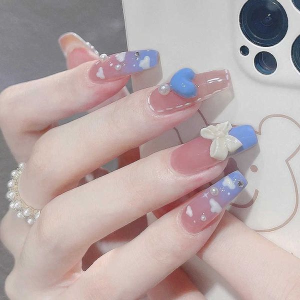 

false nails ya jiena gradient white cloud love bow ballet nail stick piece wear enhancement finished 230317, Red;gold