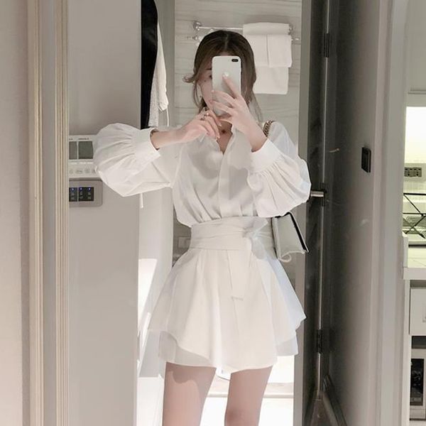 

womens two piece pants women korean suits long sleeve sashes lacing bow blouses shorts female 2 piece set outfits spring summer clothes set, White