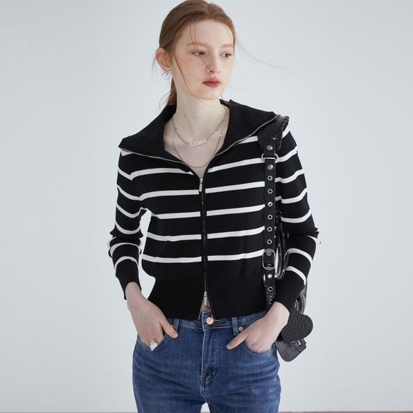 

women sweater girl knits tees zipper neck striped lady slim sweaters long sleeve shirts spring autumn style, White;black
