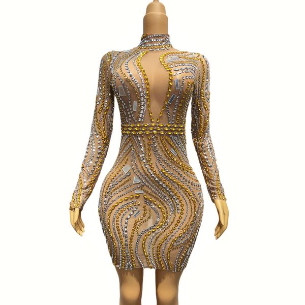 

sparkly rhinestones mirror transparent party dresses women bar nightclub clubwear bodycon dress mesh long sleeve short gown singer stage per, White;black