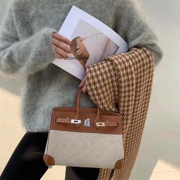 

designers handbags birkin designer bags ins net red women's 2023 new leather layer cowhide with canvas contrast hand bill of lading ayw